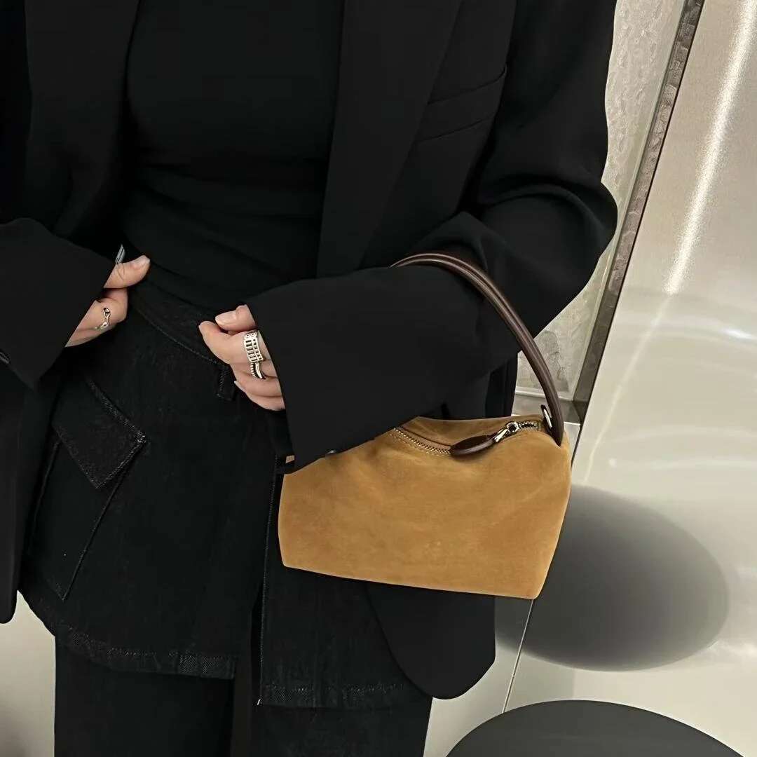 Simple Wine Red Blue Matte Color Women Hobo Tote Small Genuine Suede Cow Leather Female Crossbody Shoulder Bag Daily-Use Handbag