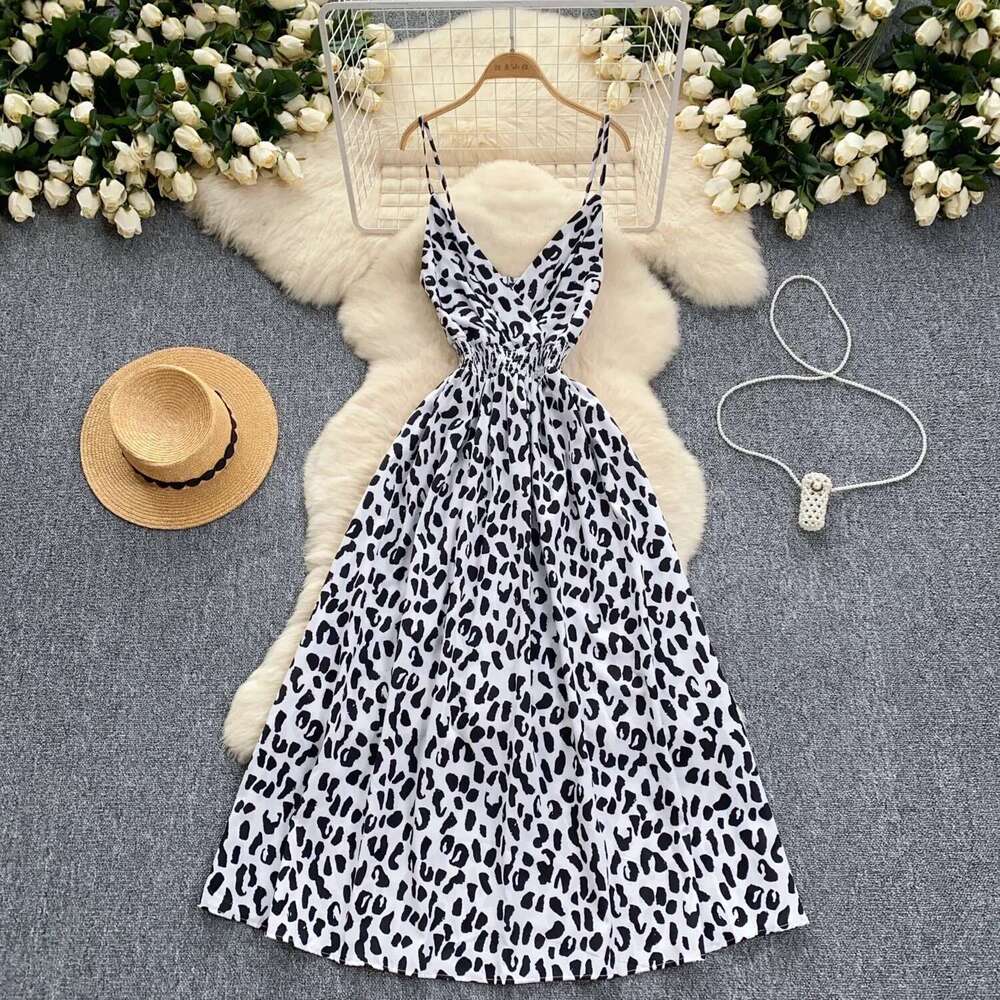 2025 New Print Sexy V Neck Dress Straps Swinging Collar Backless Leopard Elegant Ladies Vacation Beach Party Sundress