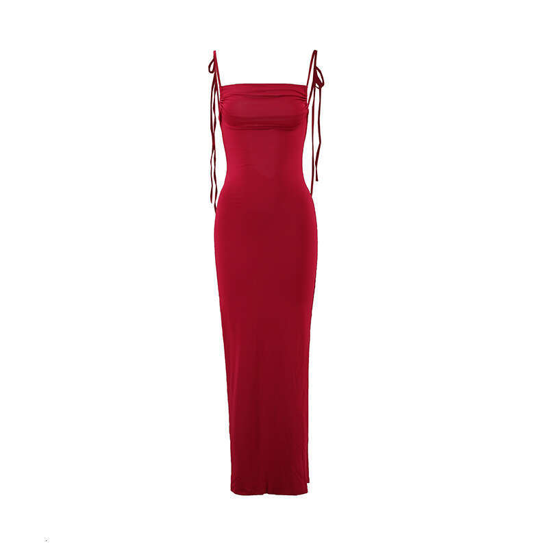 European and American ins pleated sexy backless suspender bag buttocks long solid color dress wholesale 2025 new casual fashion trend clothing