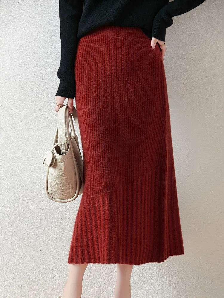 Women 100 Merino Wool Skirt Fishtail Long Autumn Winter Office Lady Soft Cashmere Slim Mermaid Dress 250220