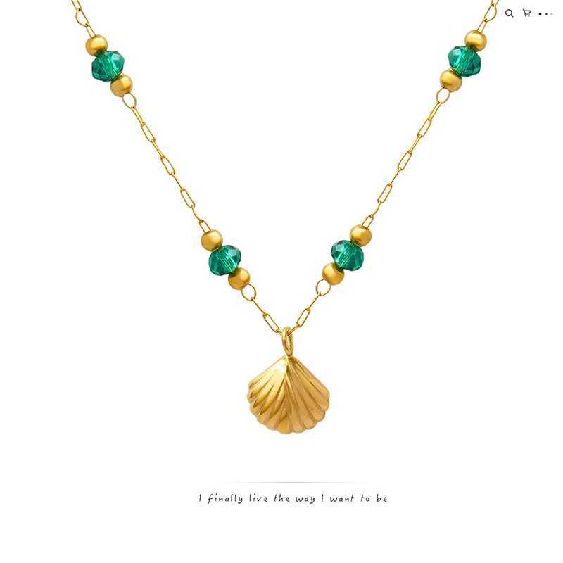 2025 Stylish Stainl Steel Plated 18K Gold Trend Ins Wind Exquisite Crystal Beads Scallop Girls Pendant NecklaceXJ250219