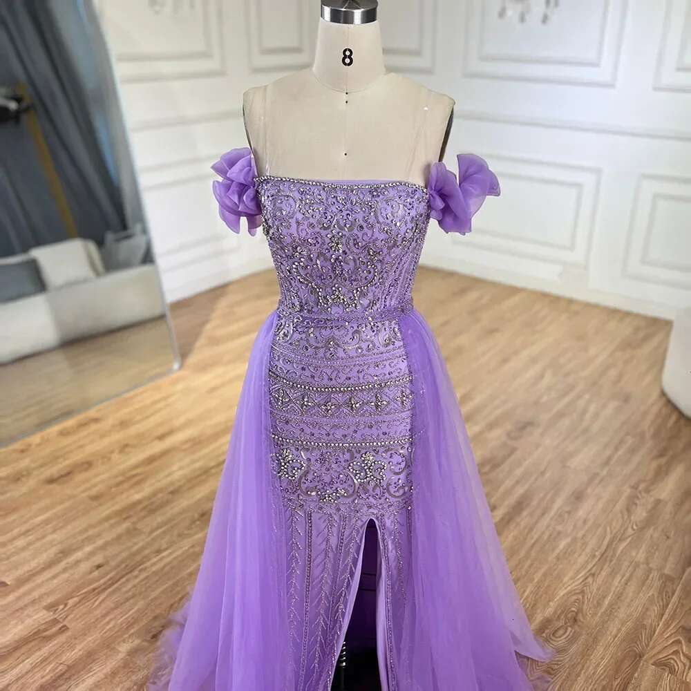Purple Arabic Spaghetti Strap High Split Mermaid Beaded Evening Dresses Gown Prom Party Customize BLA