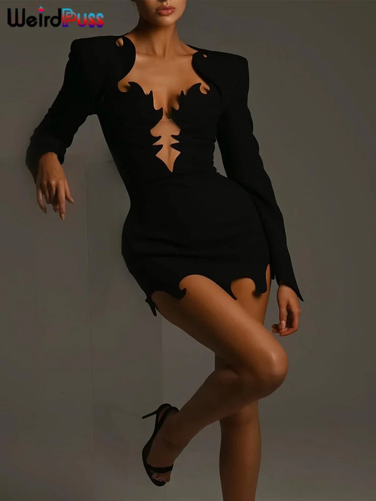 Weird Puss Flame Low-Neck Dress Women Mesh Patchwork Chic Hem Full Sleeve Hipster Elegant Banquet Party Clubwear Mini Bodycon 250219