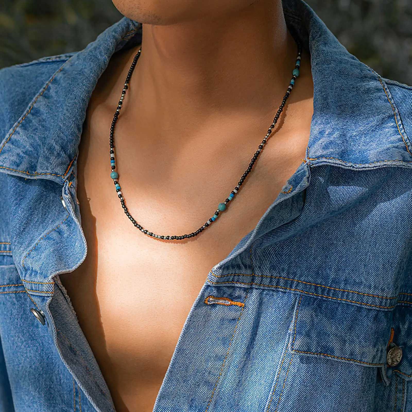 Synthetic Turquoise Necklaces for Men BoysMini Black Beaded NecklacesSummer Beach Male JewelryXJ250219