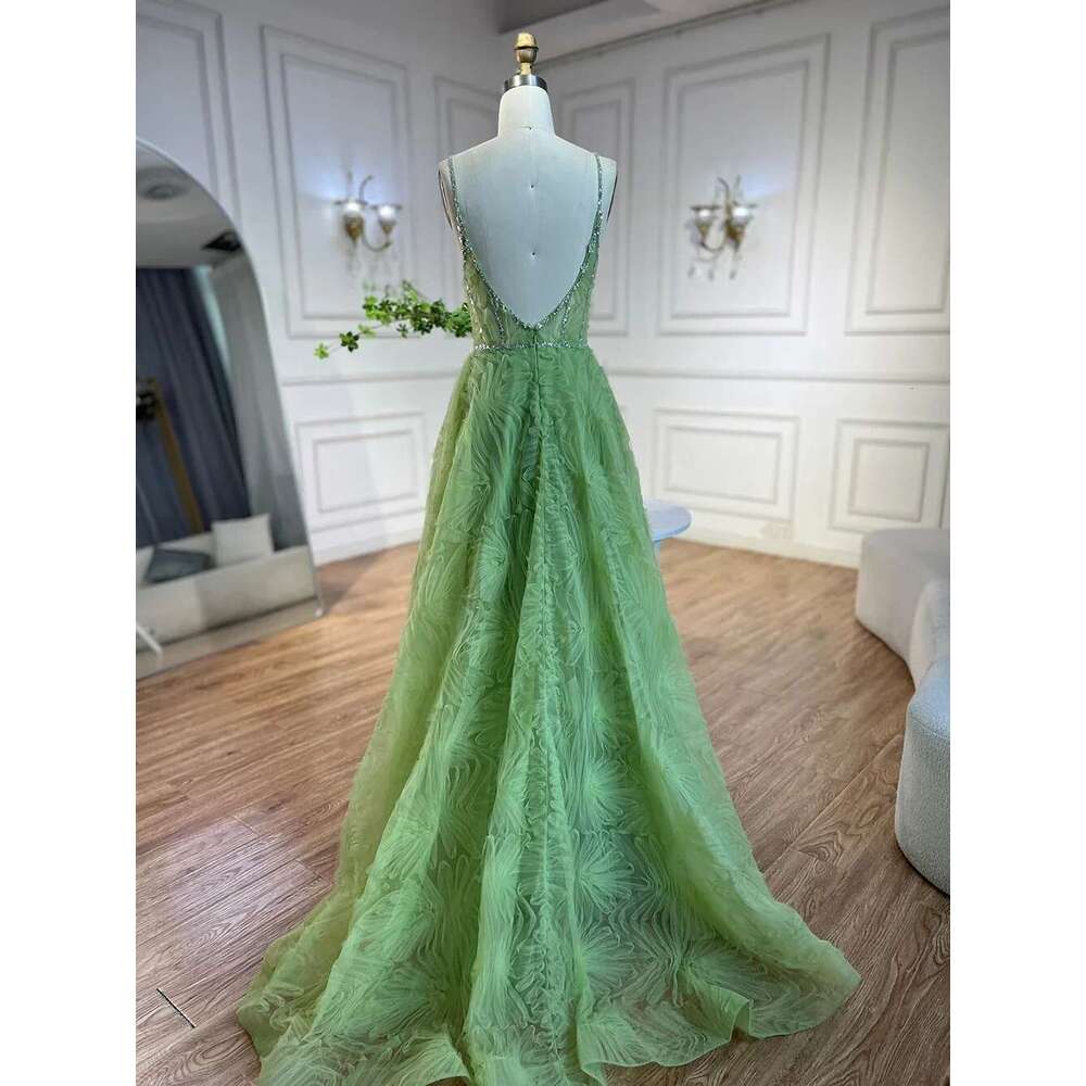 Arabic Sage Green Elegant Spaghetti Strap Backless A E Prom Dress For Women Evening Party Customize