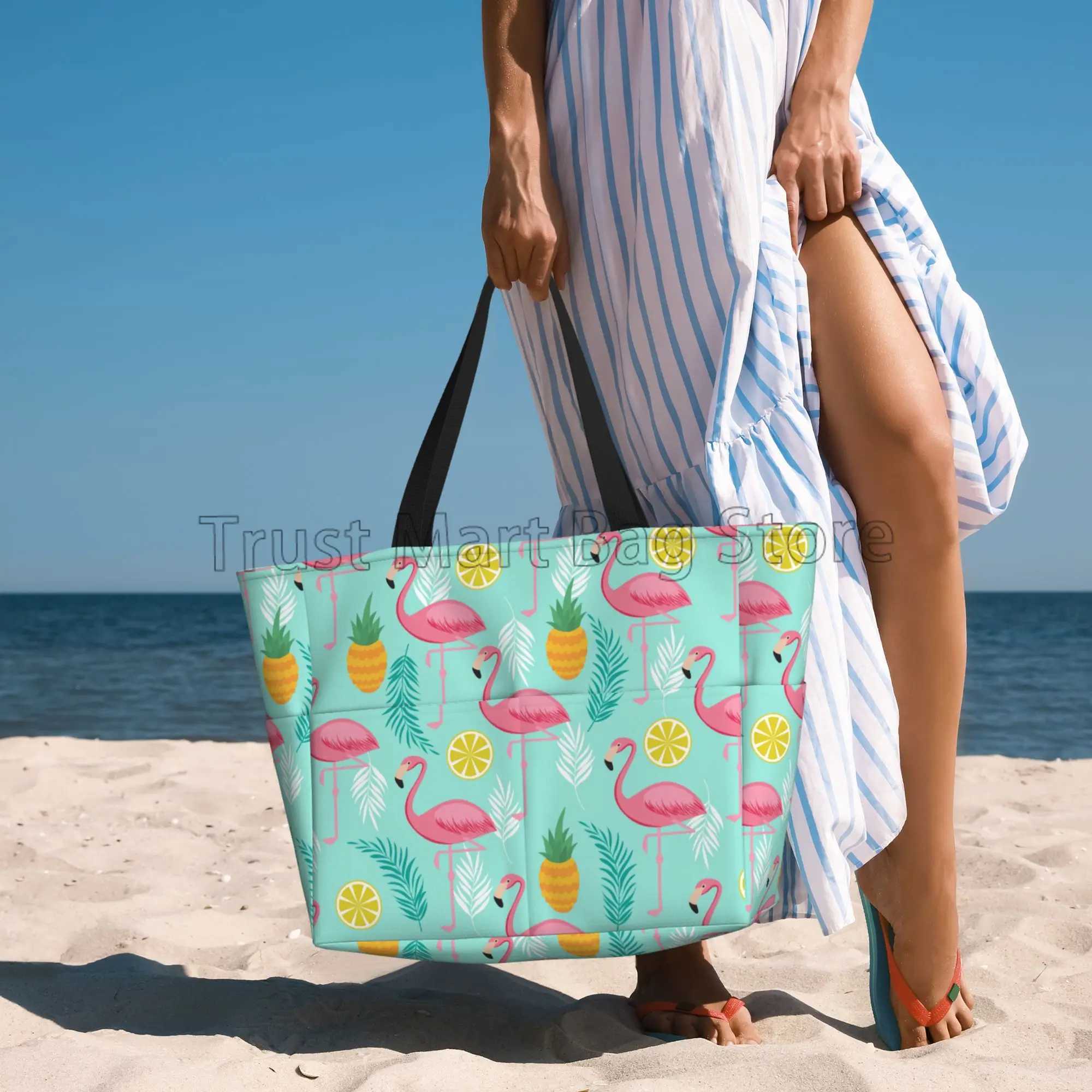 Pink Flamingo Print Large Beach Tote Bag Women Portable Travel Bag Waterproof Sandproof Pool Bag for Swim Gym Grocery Vacation Z250219