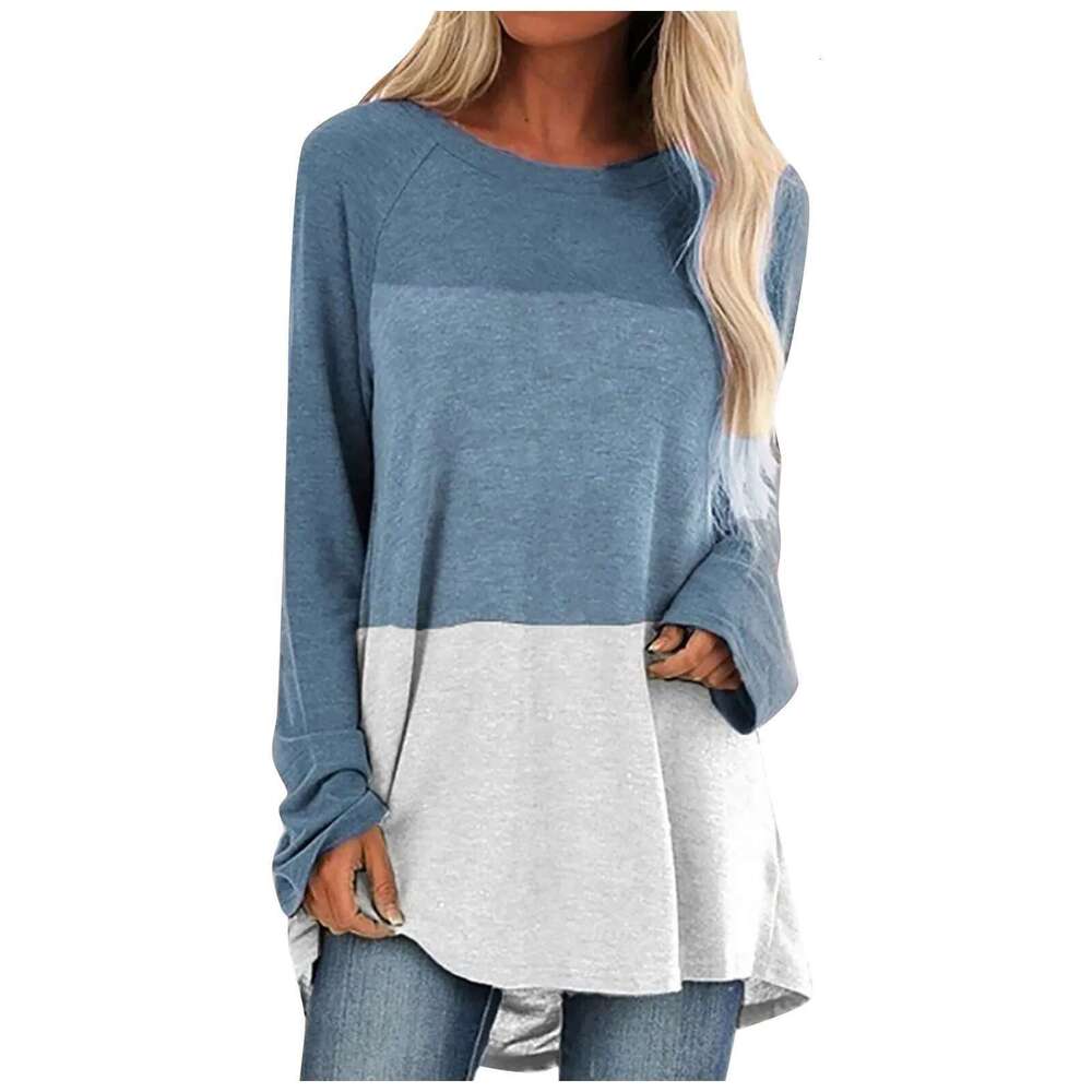 Womens Tops Fashion Pattern Splicing Long Sleeves Round Neck Tunic Tees Casual Loose Blouse