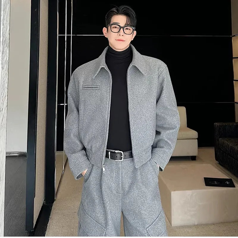LUZHEN Woolen Casual Jacket Versatile Temperament Casual Vintage Big Pockets Decorate Wide Leg Pants Two-piece Set Male LZ8257 250220
