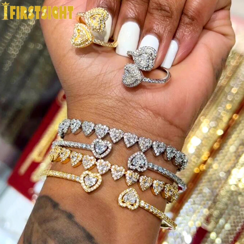 Iced Out Bling Opened Heart Charm Bracelet Gold Silver Color CZ Hearts Bangle For Women y Jewelry 250213