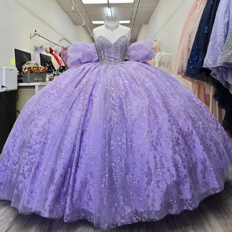 Lavender Shiny Quinceanera Dresses Ball Gown Off The Shoulder Sequin Applique Lace Beading Crystal Bow Tull Party Birthday Sweet 16 Dress Vestido De 1
