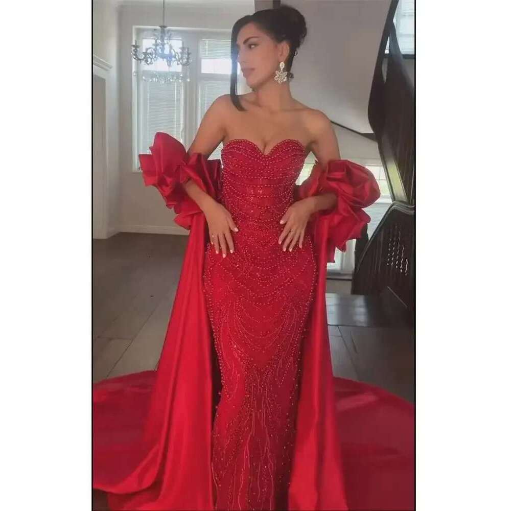 Hill Serene Customized Red Long Cape Pearls Beaded Mermaid Evening Dresses Gowns For Formal Ocn BLA A mal