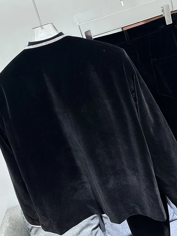 Trendy Male Velvet Two-piece Set Mens Autumn Fashion Mens Suit Mens Diamond Long-sleeve Jacket Trousers Suit 250220
