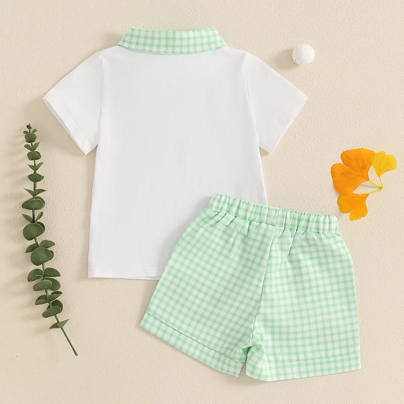 Kids Baby Boy Summer 2 Piece Sets Golf Club Embroidery Short Sleeve Half Button-up Tops Plaid Shorts Toddlers Casual Outfits 250220