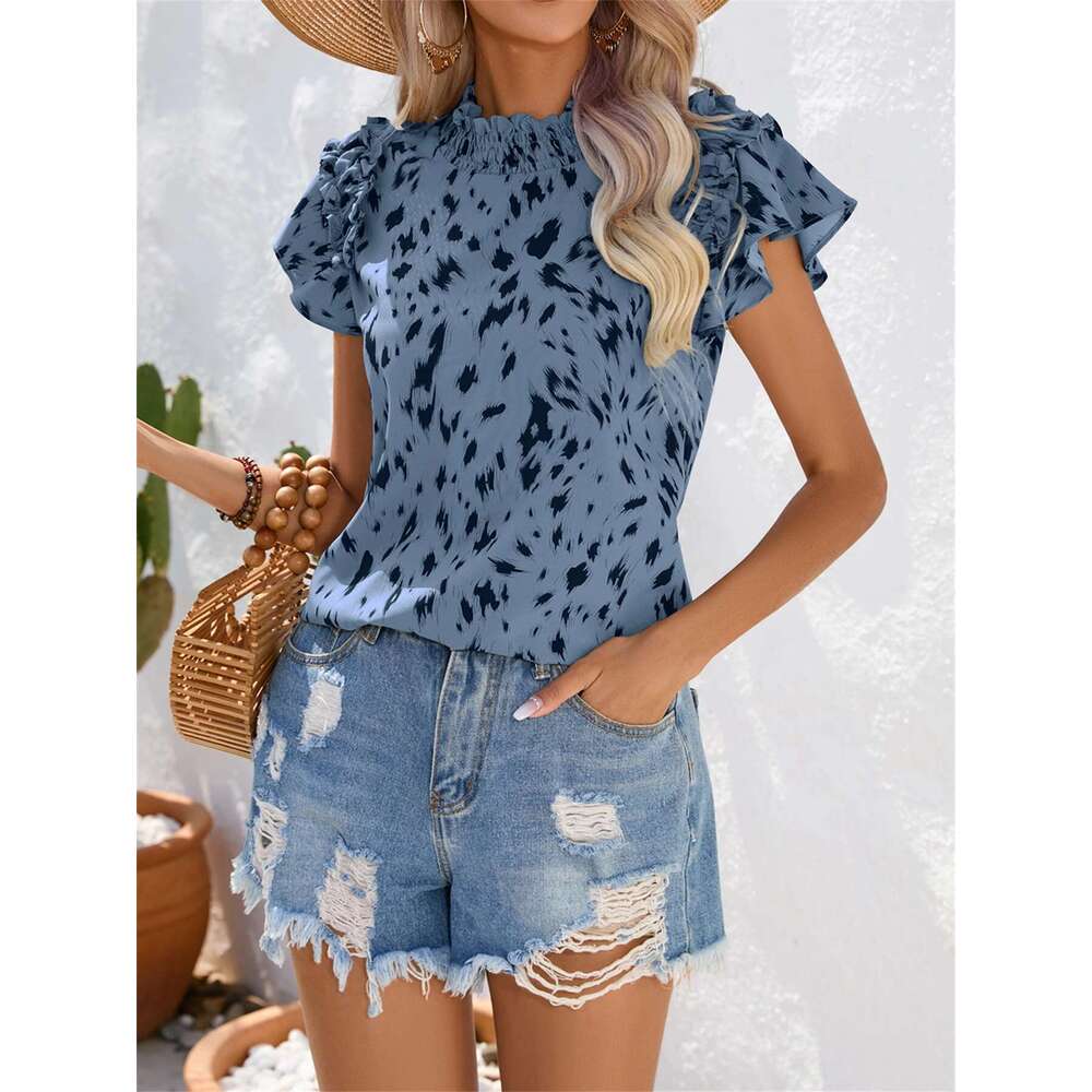 Spring Summer Casual Round Neck Wooden Ear Ruffled Leaf Sleeves Leopard Print Shirt Women Vacation Blouse