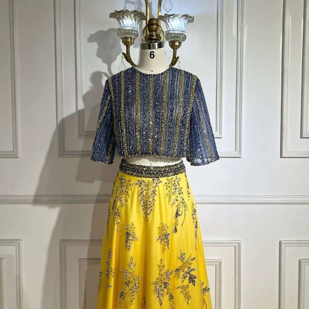 Blue Dubai And Yellow Piece Evening Gown Elegant Long Formal Prom Party Dress Customize BLA