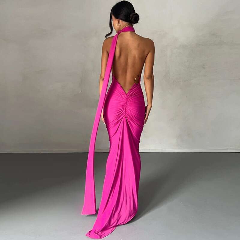 European and American style women's summer product slanted shoulder sexy slim fit backless pleated hollow suspender long dress 2025 new casual fa