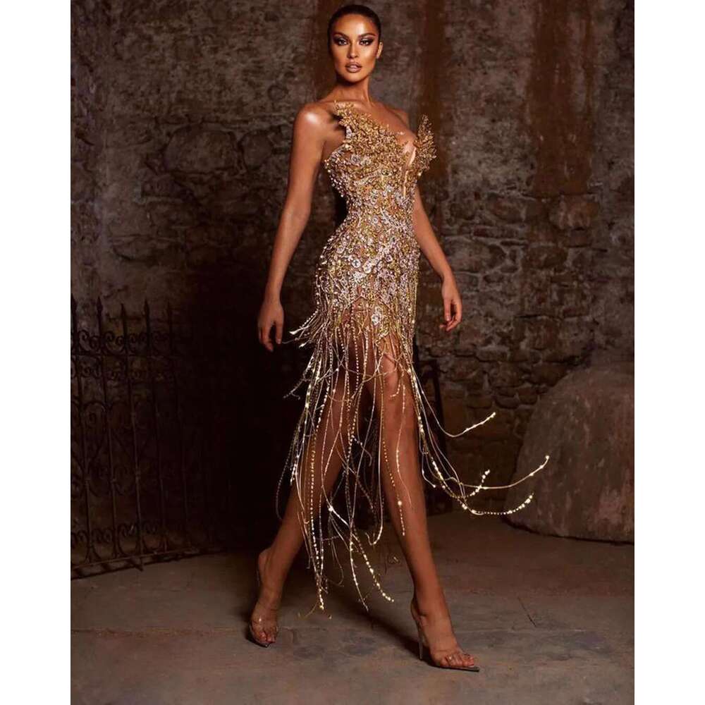 Female Sexy Fringed Formal African Night Short A Ha Prom Dresses Bright Party Bags Celebrity Dress 2021
