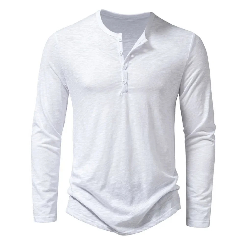 Autumn Mens Cotton Button Long Sleeve Henley Neck TShirt Casual Solid Color Breathable Versatile Fashion Slim TShirts 250218