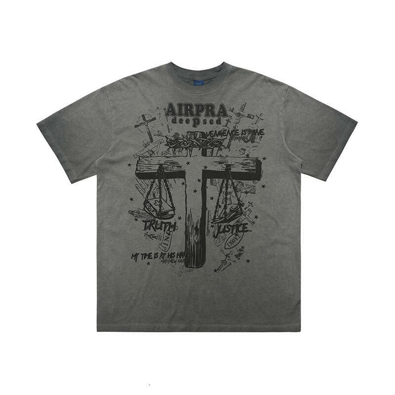 Lawfoo American Trendy Brand Anti Stir Fried Grinding Edge Cross Printed Cotton Short sleeved T-shirt Men's Women's Bottom Top for Autumn an