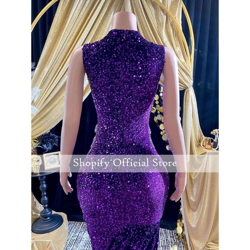 Sparkly Purple Sequins Mermaid Ball Dress Black Girls 2025 The Rhinestone Crystal Feather Long Prom Custom Birthday Dresses