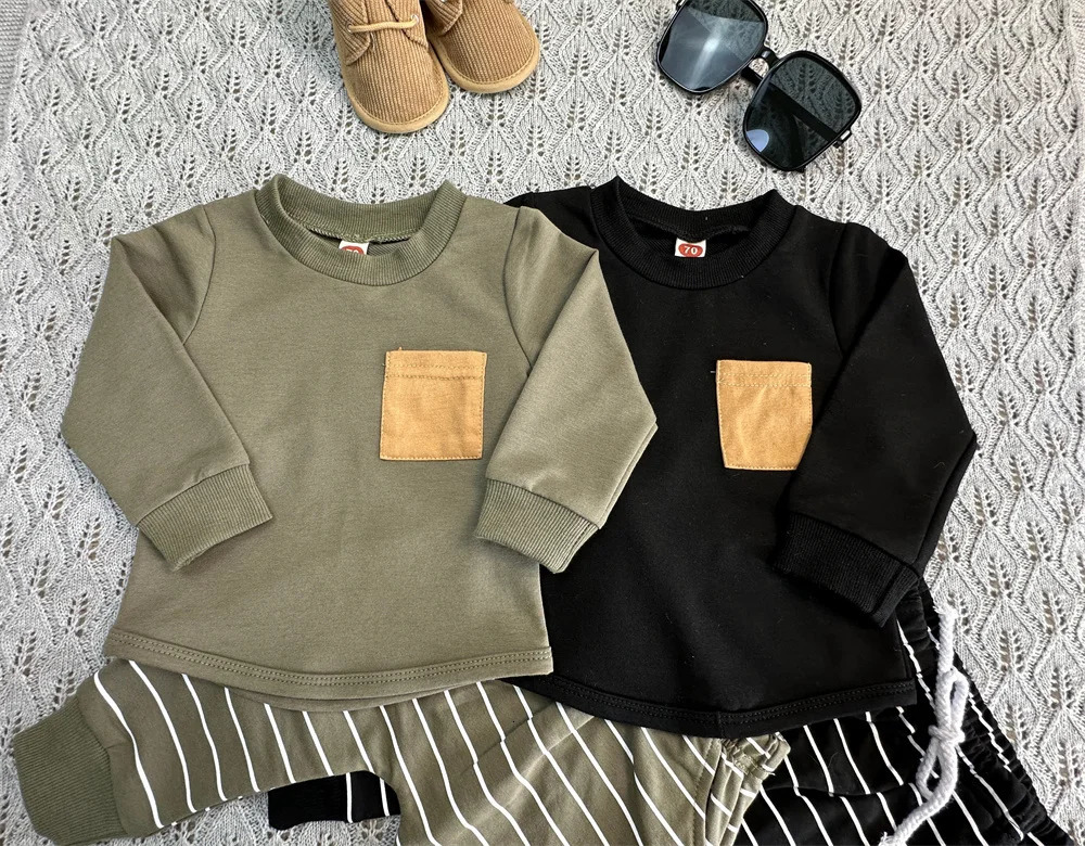 0-3Yrs Baby Boys Striped Clothes Outfits Cotton Long Sleeve Sweatshirts Tops Pants 2Pcs Spring Autumn Infant Boys Clothing Suits 250219
