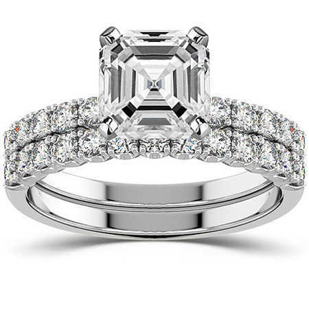 AAA Gems 14K White Gold Ring Emerald/Radiant/Cushion/Pear/Heart Moissanite Ring 4-Prong Semi-Eternity Wedding Set Ring