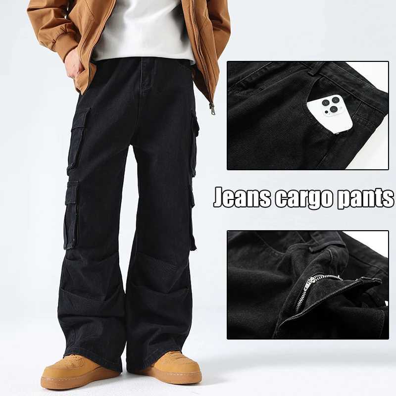 Multi pocket blue washed denim cargo pants for men Y2K heavy-duty retro streetwear fashion hip-hop jeans Harajuku casual wide leg pants X250220