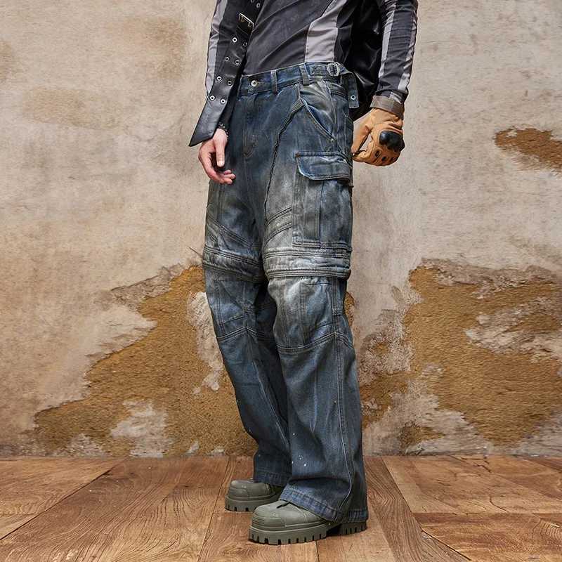 American-Style Multi-Pocket Jeans Mens Retro Nostalgic Loose Street Straight Wide Leg Hip Hop Trend Zipper Detachable Trousers X250220