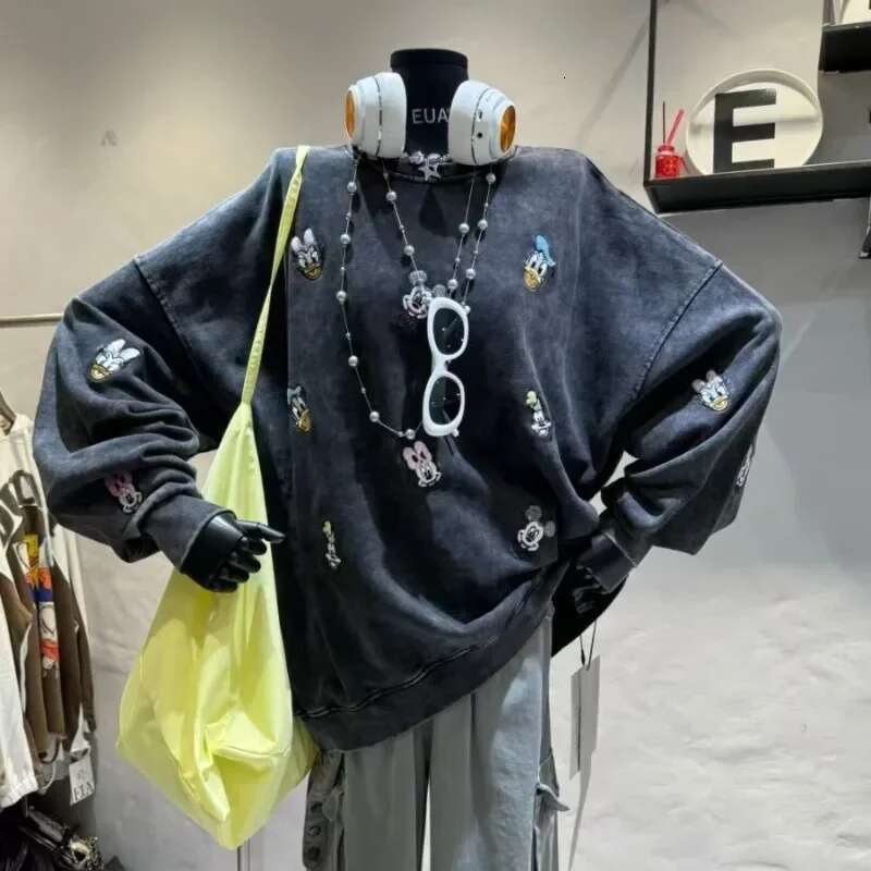 2024 Autumn New Heavy Industry Cartoon Contrasting Graffiti Print Sweatshirts Women's Versatile Casual High Street Top Sudaderas