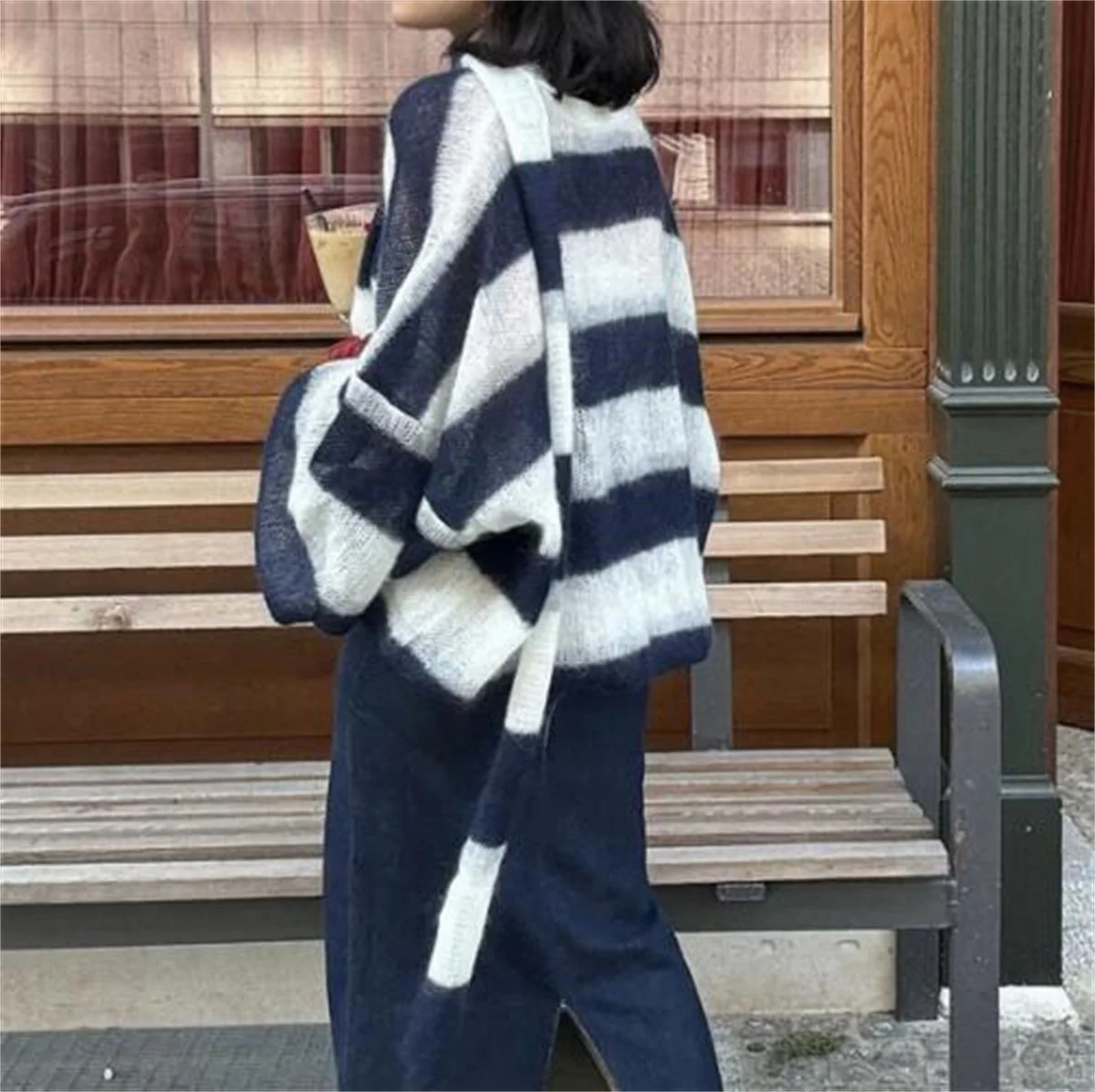 Striped V-neck Cardigan With Scarf Autumn Winter Women In Fashion Knit Sweater Loose Long Sleeve Coats Lady Chic Streetwear 250219