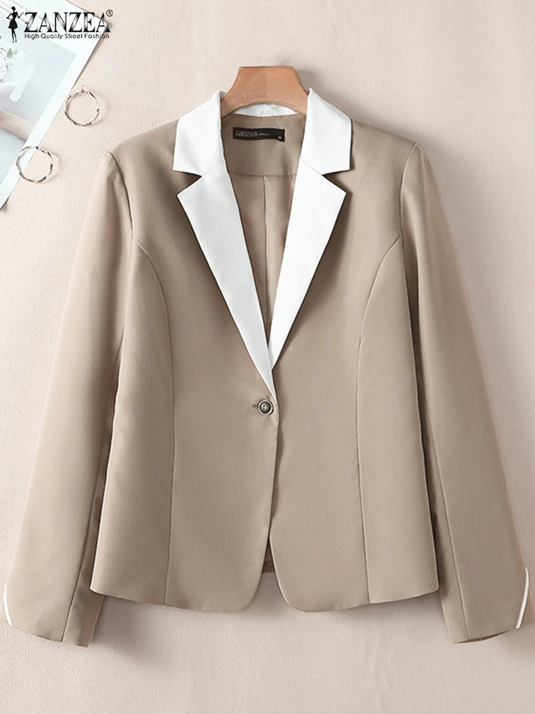 ZANZEA Spring Buttons Thin Outwears Women Formal Blazer Vintage Colorblock Waisted Coats Office Lady Long Sleeve Jackets 250213