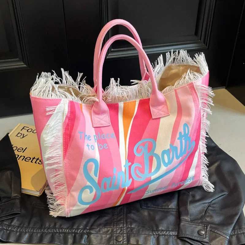 Womens travel bag fashionable tassel canvas shoulder bag large capacity beach handbag womens high-quality Z250219