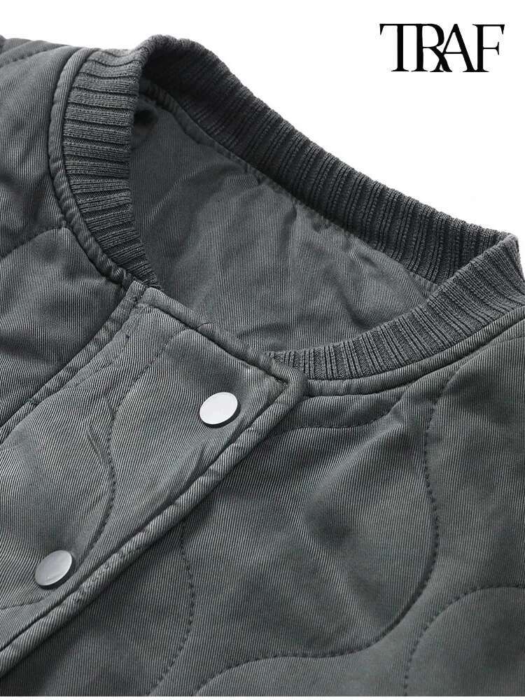 TRAF Women's Fashion Round Collar Single Breasted Long Sleeve Aviator Solid Color Quilted Commuter Warm Casual Jacket