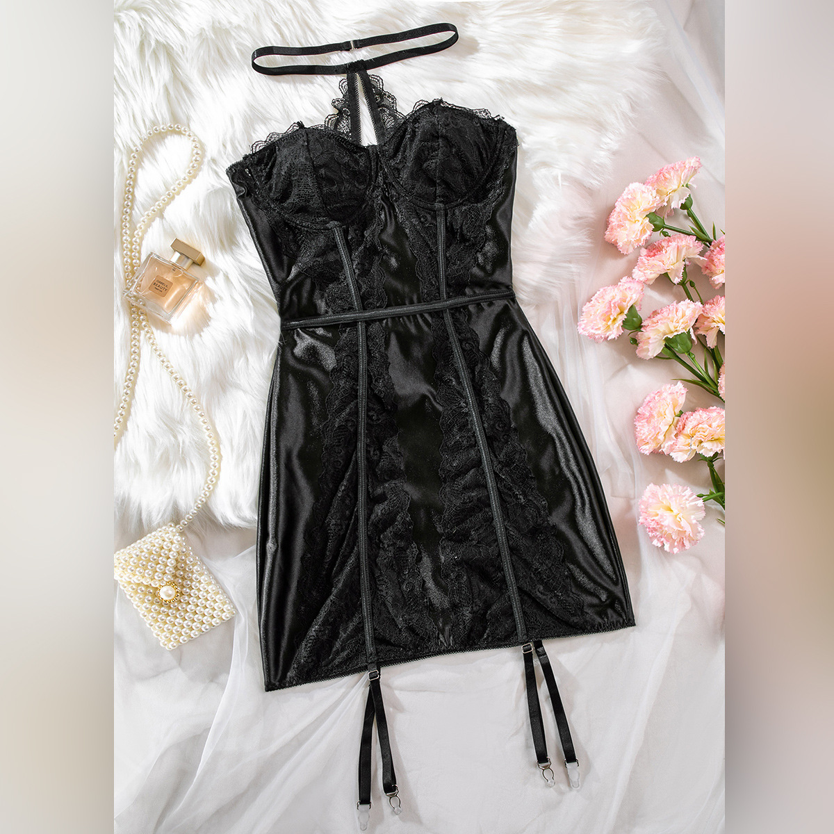 X212 Lace Transparent Bra Halter Neck Push Up Gathered Wire Ring Pajamas Female One-Piece Dress