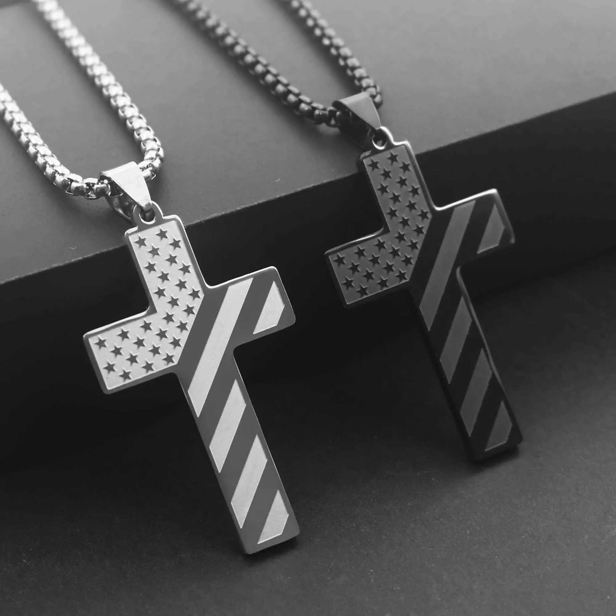 304L Stainl Steel USA Flag Cross Necklace for Men Women Bible Verse Necklace Men Spiritual JewelryXJ250219