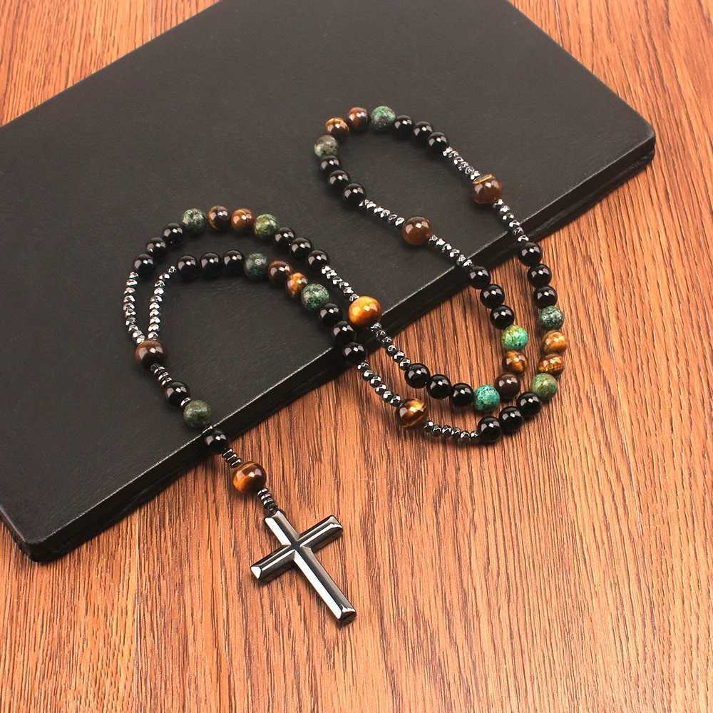 Natural Stone Africa Turquoise and Tiger-eye Beads Cross Pendant Necklace Rosary for Men and WomenXJ250219