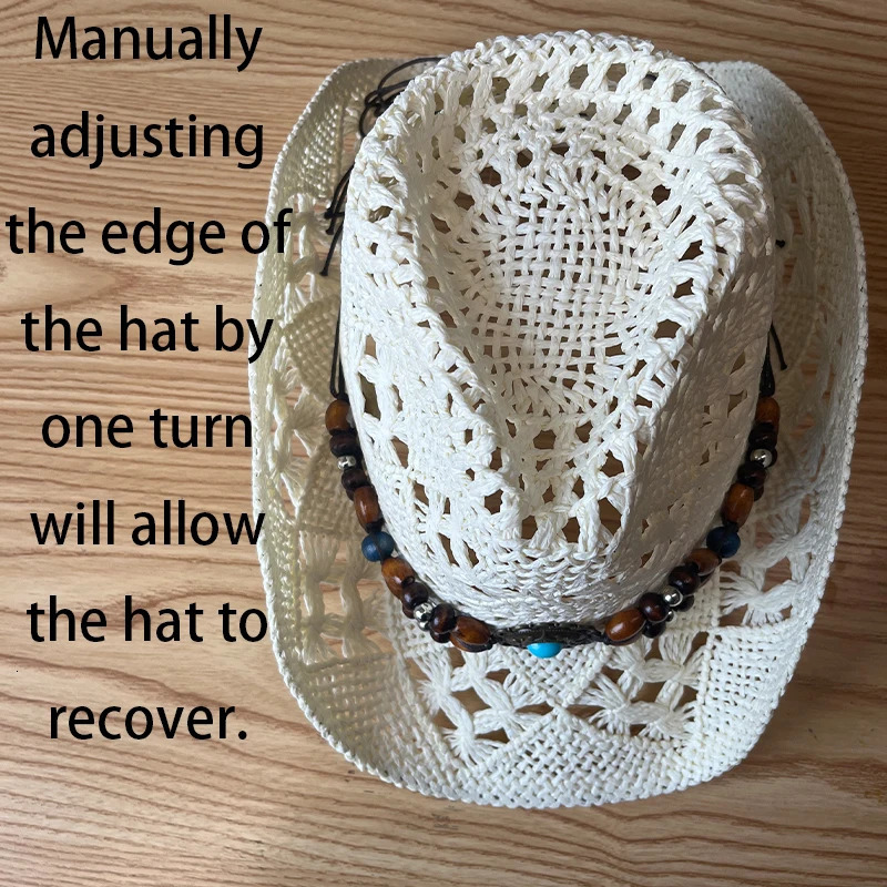 Straw Hat Women Men Summer Handmade Vintage Hollow Western brim Sun Protection Fisherman Mountaineering Bohemian Chain Jewel 250219