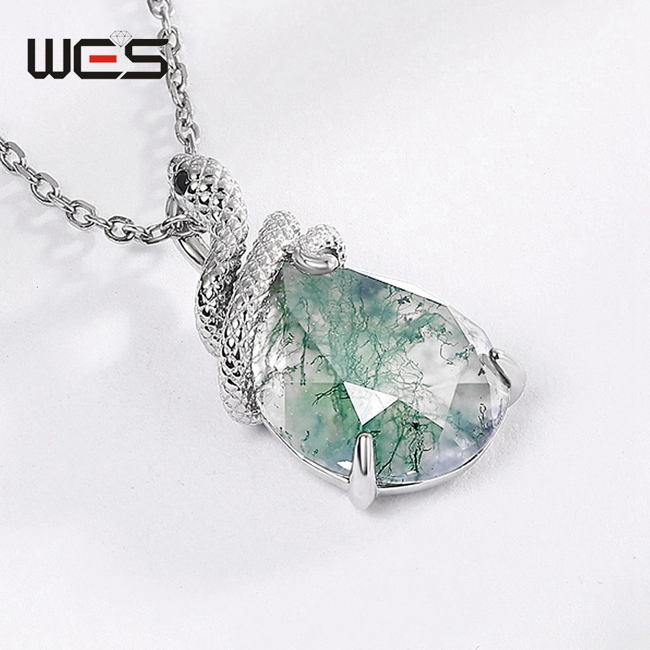 WES 925 Silver Snake Animal Teardrop Natural Green Moss Agate Pendant for Women Engagement Jewelry Year Gift Wholesale 250220