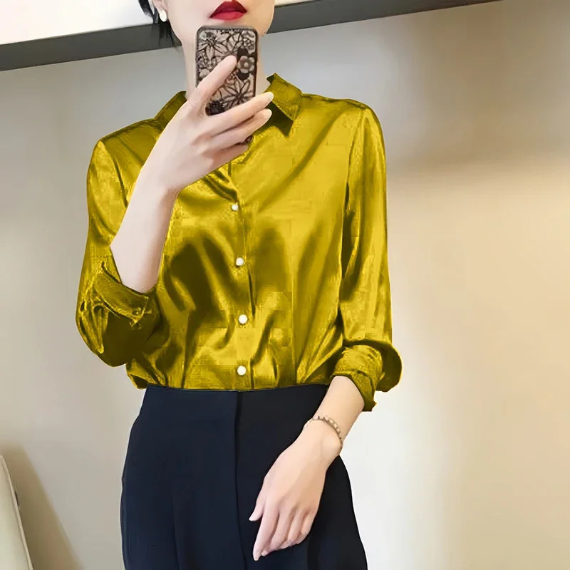 Womens Satin Shirts Elegant Plain Long Sleeve Blouse Office Lady ButtonUp Shirt Top Female Crew Neck Spring 250219