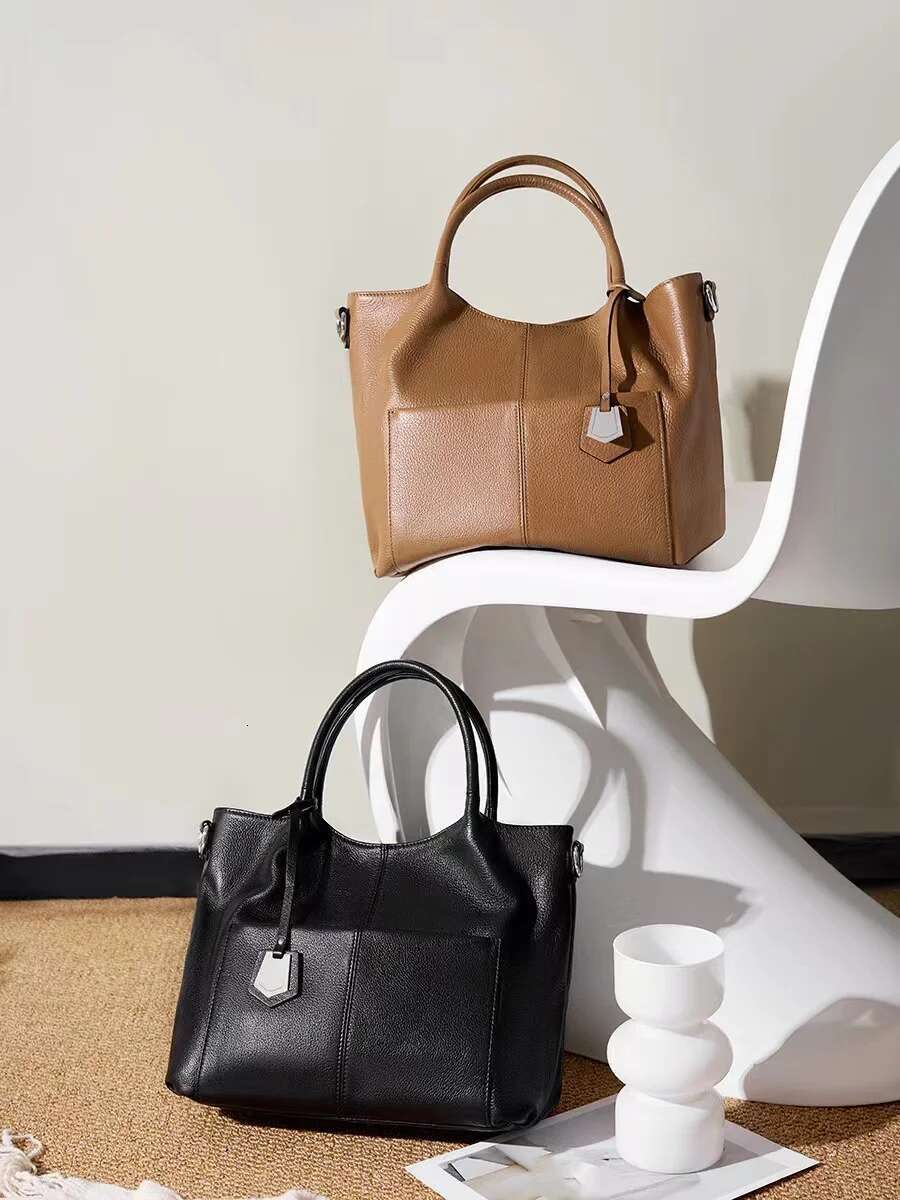 Large Capacity Women's Handbag High Quality Bucket Genuine Leather Cowhide Shoulder Messenger Lady Purse Casual Bag