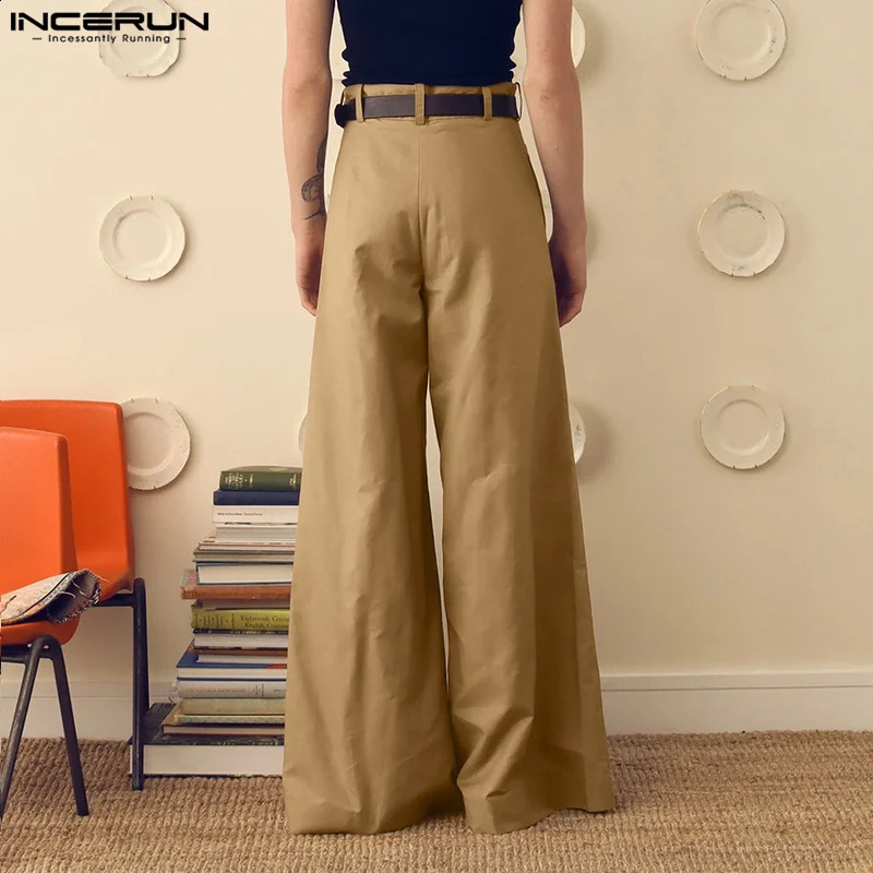 INCERUN Mens Wide Leg Pants Solid Color Button Joggers Loose Pleated Casual Trousers Men Streetwear Fashion Long Pants S-5XL 250220
