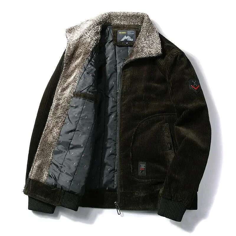 Men's ribbed velvet warm windbreaker, warm jacket, leather collar, casual jacket, plus size, winter