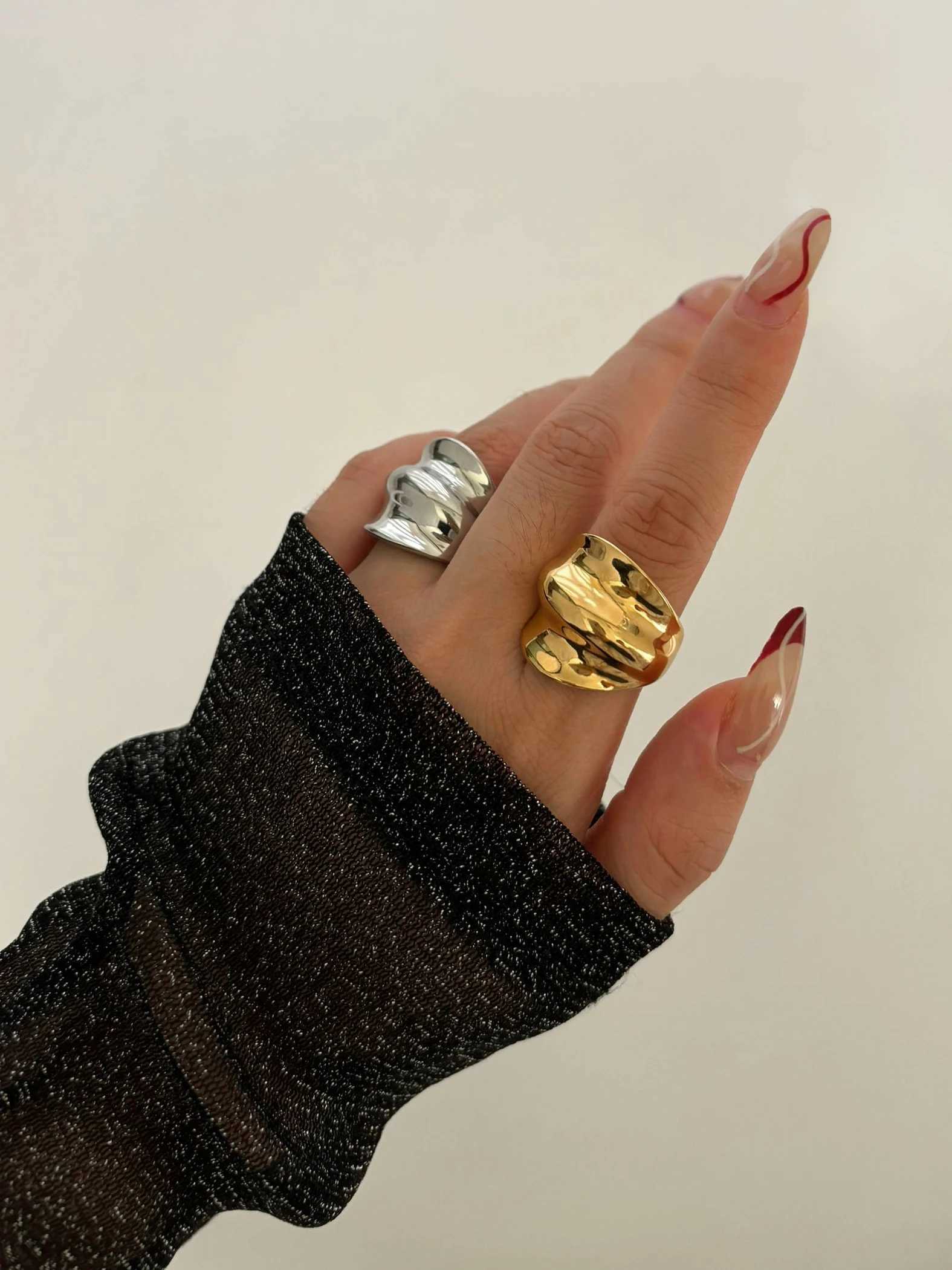 Perisbox Statement 18K Gold Plated Smooth Irregar Metal Textured Chunky Rings Anti-Tarnish Punk Fashion Party Jewelry Unisex X250220