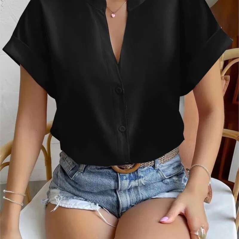 Summer Minimalist V-Neck 2025 Elegant Women's Satin Red Short Sleeved Single Breasted Casual Fitting Office Shirt