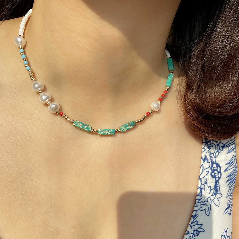 Pendant Necklaces Bohemian style pearl necklace womens summer agate green semi fashionable handmade collarbone necklace jewelry H25219
