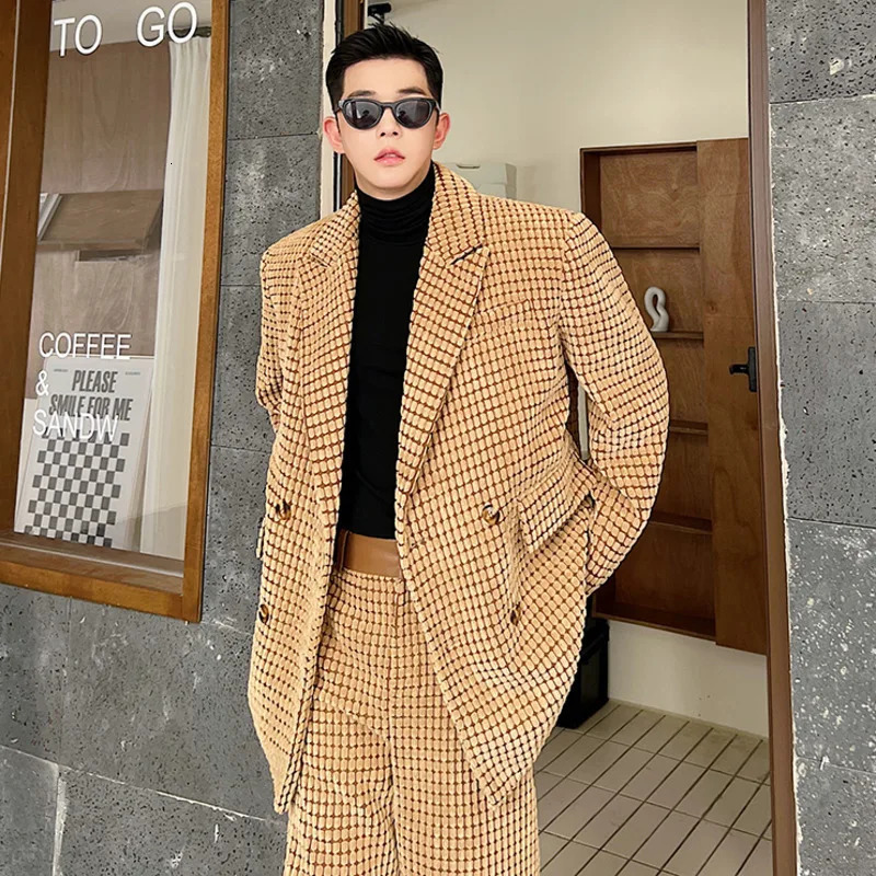 IEFB Spring Korean Chic Male Set Corduroy PU Leather Spliced Two-piece Shoulder Pad Blazer Straight Pants Men Wear 250220