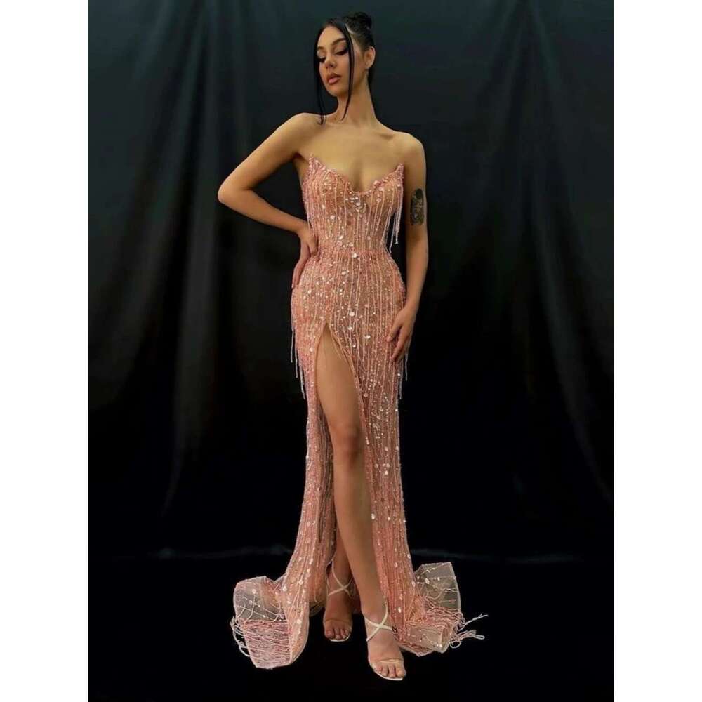 the Beaded Sequins Ball Gowns Modern Mermaid Tassel Sexy Side Slit Formal Dress For Woman Custom prom