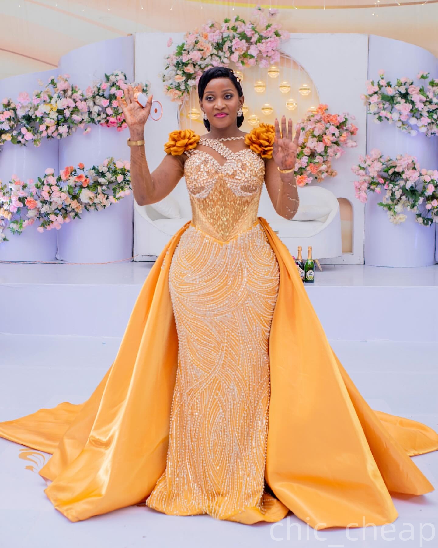 Yellow Mermaid Prom Dresses 2025 Crystals Beaded Flowers Satin Evening Formal Party Second Birthday Engagement Gowns Plus Size Dress For Special Occas