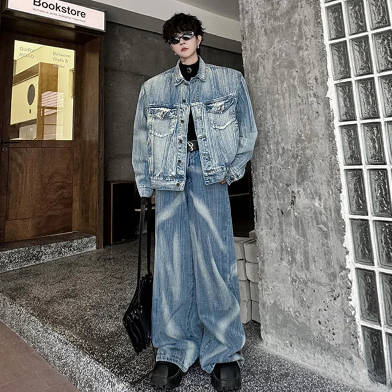 PFNW Two-piece Mens Paint Turn-down Collar Single Breasted Denim Jackets Loose Chic Straight Wide Leg Jeans High Street 9C7502 250220