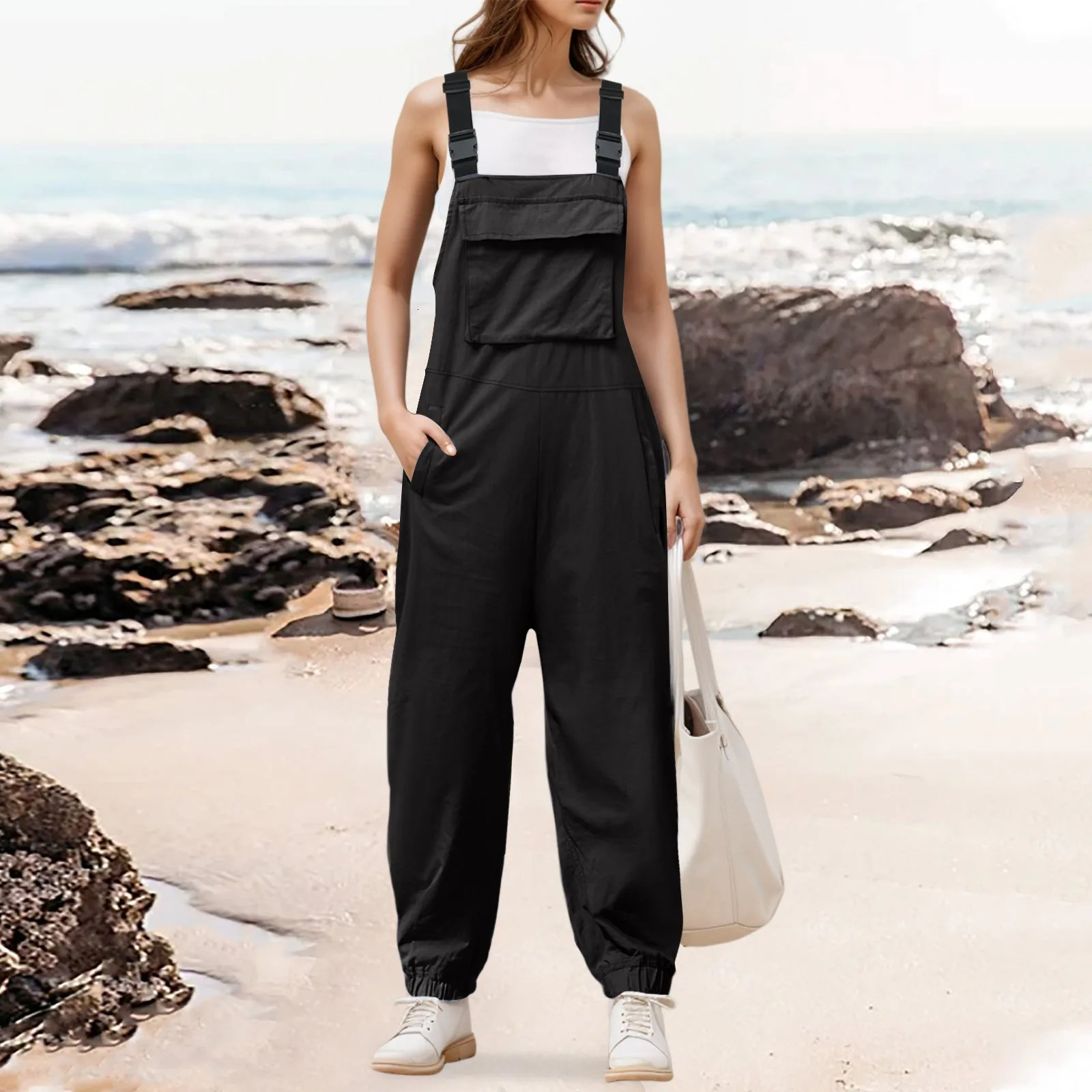 Womens Sleeveless Overalls Jumpsuit Casual Loose Adjustable Straps Bib Long Pants Jumpsuits With Pockets Womens Rompers 250220